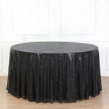 132" Black Seamless Premium Sequin Round Tablecloth, Sparkly Tablecloth for 6 Foot Table With Floor-Length Drop