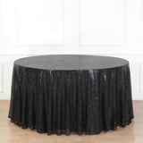 132" Black Seamless Premium Sequin Round Tablecloth, Sparkly Tablecloth for 6 Foot Table With Floor-Length Drop