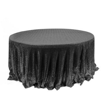 120" Black Seamless Premium Sequin Round Tablecloth for 5 Foot Table With Floor-Length Drop