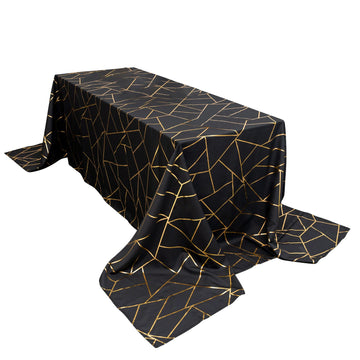 90"x156" Black Seamless Rectangle Polyester Tablecloth With Gold Foil Geometric Pattern for 8 Foot Table With Floor-Length Drop