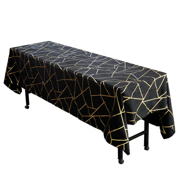 60"x102" Black Seamless Rectangle Polyester Tablecloth With Gold Foil Geometric Pattern