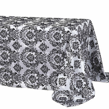 90"x132" Black Seamless Rectangle Velvet Flocking Design Taffeta Damask Tablecloth