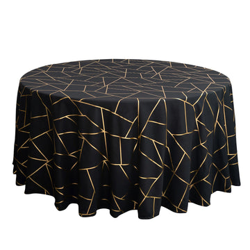 120" Black Seamless Round Polyester Tablecloth With Gold Foil Geometric Pattern for 5 Foot Table With Floor-Length Drop