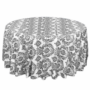 120" Black Seamless Round Velvet Flocking Design Taffeta Damask Tablecloth for 5 Foot Table With Floor-Length Drop