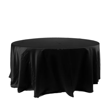 120" Black Seamless Satin Round Tablecloth for 5 Foot Table With Floor-Length Drop