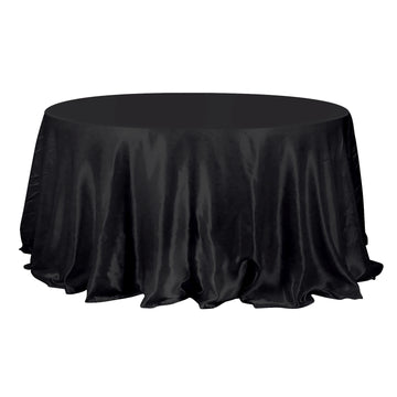 132" Black Seamless Satin Round Tablecloth for 6 Foot Table With Floor-Length Drop