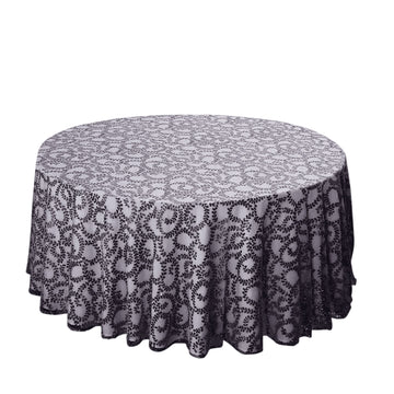 120" Black Sequin Leaf Embroidered Seamless Tulle Round Tablecloth, Sheer Table Overlay for 5 Foot Table With Floor-Length Drop