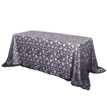 90"x156" Black Sequin Leaf Embroidered Tulle Rectangular Tablecloth for 8 Foot Table With Floor-Length Drop