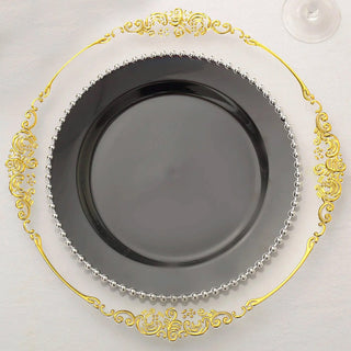 Elegant Black / Silver Beaded Rim Disposable Dinner Plates