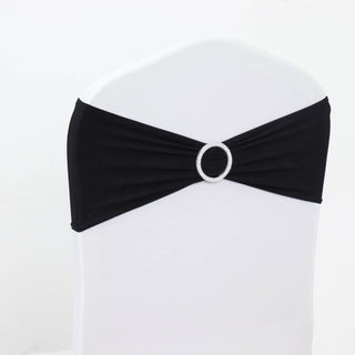 Black Spandex Stretch Chair Sashes with Silver Diamond Ring Slide Buckle