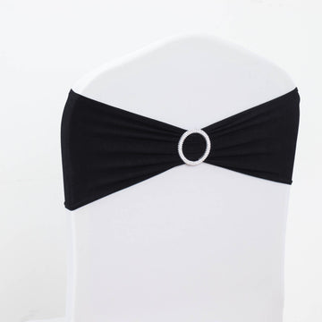 5 Pack | 5"x14" Black Spandex Stretch Chair Sashes with Silver Diamond Ring Slide Buckle