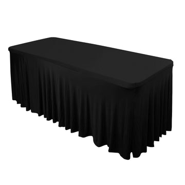 Black Wavy Spandex Fitted Rectangle 1-Piece Tablecloth Table Skirt 6ft, Stretchy Table Skirt Cover with Ruffles For 72"x30" Tables