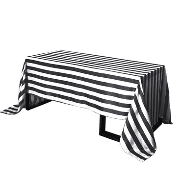 90"x156" Black White Seamless Stripe Satin Rectangle Tablecloth for 8 Foot Table With Floor-Length Drop