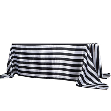 90"x132" Black White Seamless Stripe Satin Rectangle Tablecloth for 6 Foot Table With Floor-Length Drop