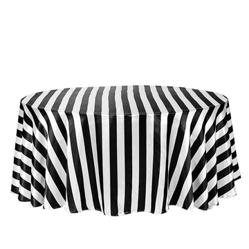 120" Black White Seamless Stripe Satin Round Tablecloth for 5 Foot Table With Floor-Length Drop