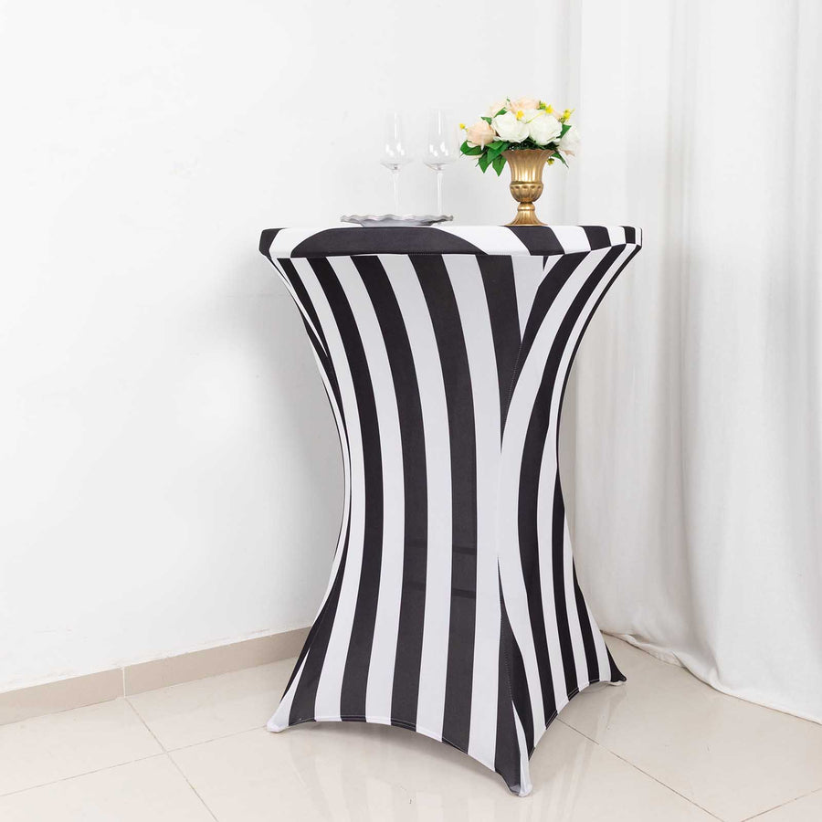 32inch Black / White Striped Spandex Fitted Cocktail Table Cover