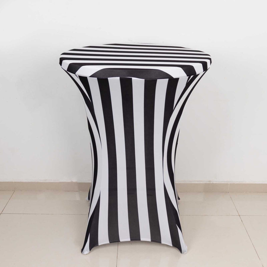 Elegant Black and White Striped Spandex Fitted Cocktail Table Cover