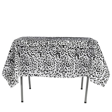 72" x 72" | Black/White Taffeta Leopard Print Square Tablecloth | Jungle Theme Party Decoration