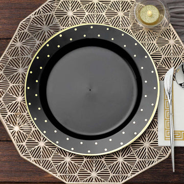 10 Pack 10" Black With Gold Dot Rim Plastic Dinner Plates, Round Disposable Tableware Plates