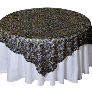 72"x72" Black and Gold Satin Embroidered Tulle Square Table Overlay