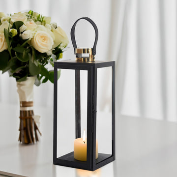 20" Black and Gold Top Stainless Steel Candle Lantern Centerpiece Outdoor Metal Patio Lantern