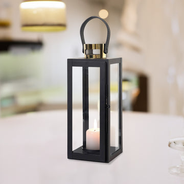 14" Black and Gold Top Stainless Steel Candle Lantern Centerpiece Outdoor Metal Patio Lantern
