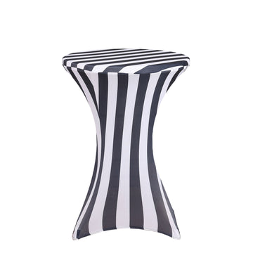 Black and White Striped Spandex Stretch Fitted Cocktail Tablecloth - 160 GSM