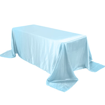 90"x132" Blue Satin Seamless Rectangular Tablecloth for 6 Foot Table With Floor-Length Drop