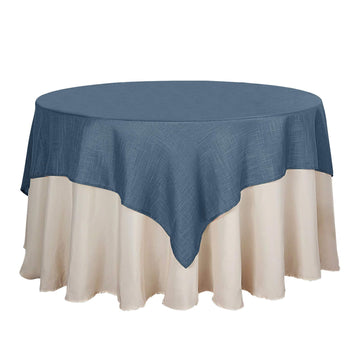 72"x72" Blue Slubby Textured Linen Square Table Overlay, Wrinkle Resistant Polyester Tablecloth Topper