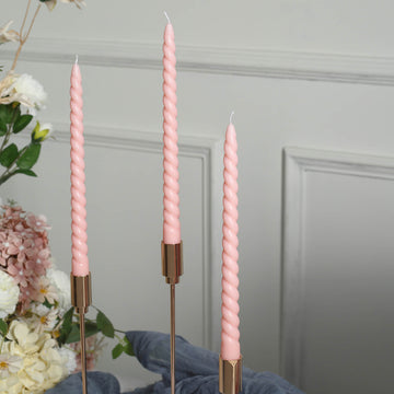 12 Pack 11" Blush Premium Unscented Spiral Wax Taper Candles, Long Burn Wick Dinner Candle Sticks