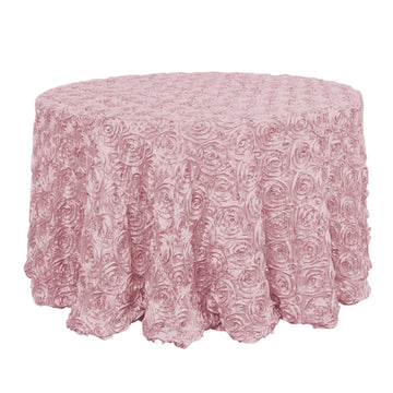 120" Blush Seamless Grandiose 3D Rosette Satin Round Tablecloth for 5 Foot Table With Floor-Length Drop