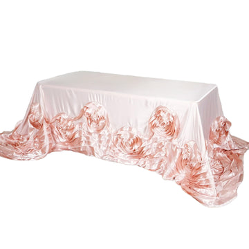 90"x132" Blush Seamless Large Rosette Rectangular Lamour Satin Tablecloth for 6 Foot Table With Floor-Length Drop