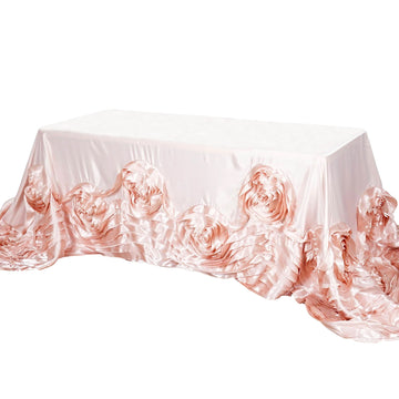 90"x156" Blush Seamless Large Rosette Rectangular Satin Tablecloth for 8 Foot Table With Floor-Length Drop