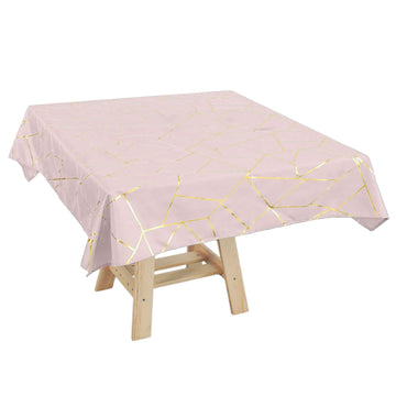 Polyester 54"x54" Square Tablecloth Blush with Gold Foil Geometric Pattern - Wrinkle-Resistant & Durable Table Cover