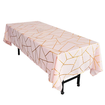 60"x102" Blush Seamless Rectangle Polyester Tablecloth With Gold Foil Geometric Pattern