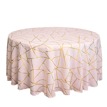 120" Blush Seamless Round Polyester Tablecloth With Gold Foil Geometric Pattern for 5 Foot Table With Floor-Length Drop