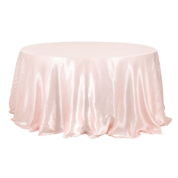 132" Blush Seamless Satin Round Tablecloth for 6 Foot Table With Floor-Length Drop