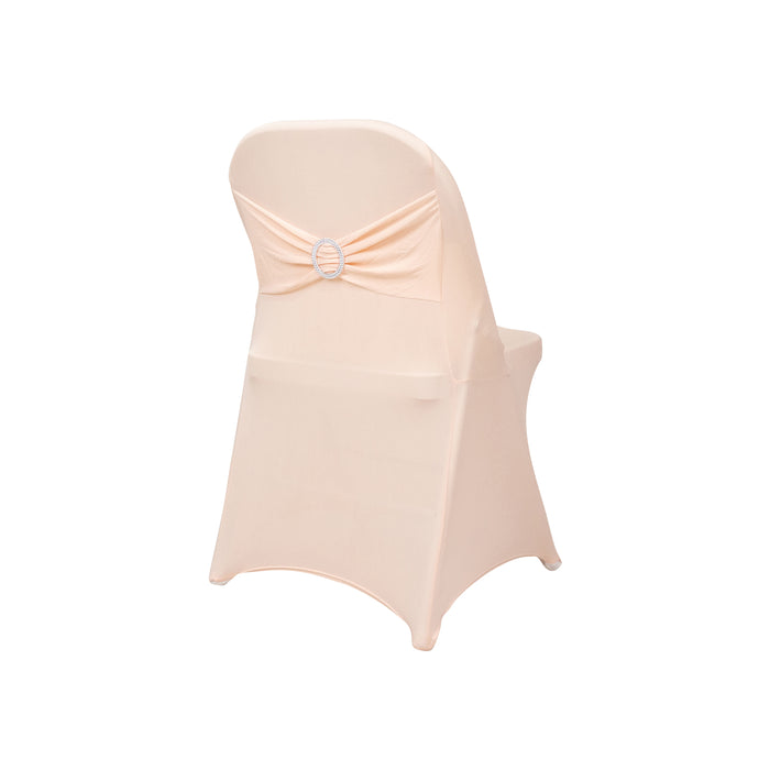 Blush Spandex Folding Chair Covers with Silver Rhinestone Buckled Sash Band