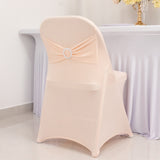 Blush Spandex Folding Chair Covers with Silver Rhinestone Buckled Sash Band