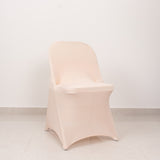 Blush Spandex Folding Chair Covers with Silver Rhinestone Buckled Sash Band