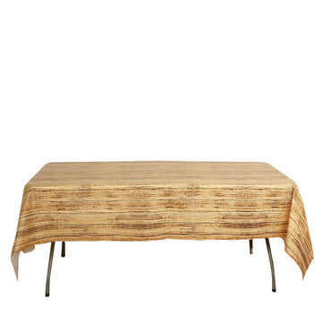 Brown Rectangle Plastic Table Cover in Rustic Wooden Print, 52"x108" PVC Waterproof Disposable Tablecloth