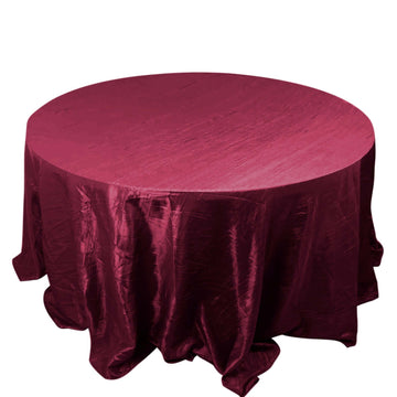 132" Burgundy Accordion Crinkle Taffeta Seamless Round Tablecloth for 6 Foot Table With Floor-Length Drop