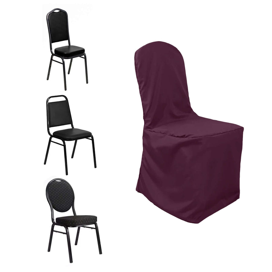 Burgundy Polyester Banquet Chair Cover, Reusable Stain Resistant Slip On Chair Cover