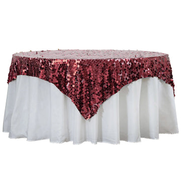 72"x72" Burgundy Premium Big Payette Sequin Square Table Overlay