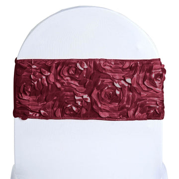 5 Pack | 6"x14" Burgundy Satin Rosette Spandex Stretch Chair Sashes Bands