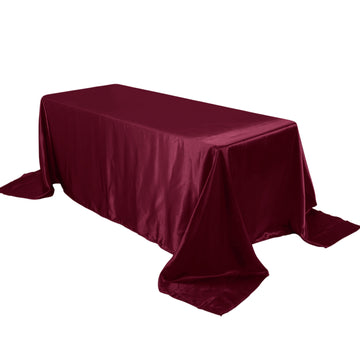 90"x132" Burgundy Satin Seamless Rectangular Tablecloth for 6 Foot Table With Floor-Length Drop