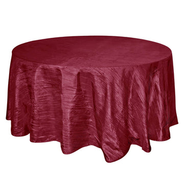 120" Burgundy Seamless Accordion Crinkle Taffeta Round Tablecloth for 5 Foot Table With Floor-Length Drop