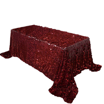 90"x132" Burgundy Seamless Big Payette Sequin Rectangle Tablecloth Premium for 6 Foot Table With Floor-Length Drop