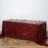 90"x132" Burgundy Seamless Big Payette Sequin Rectangle Tablecloth Premium for 6 Foot Table With Floor-Length Drop