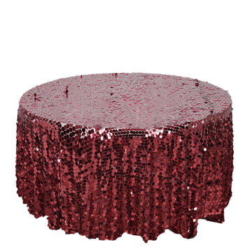 120" Burgundy Seamless Big Payette Sequin Round Tablecloth Premium Collection for 5 Foot Table With Floor-Length Drop